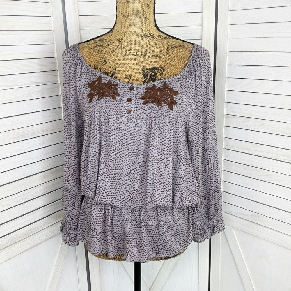Mine Embroidered Peplum Printed Peasant Blouse Gray Brown Medium‎